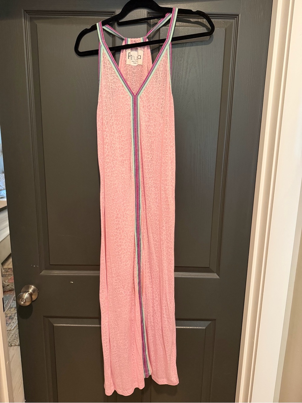 Pitusa Pink Sleeveless V-Neck Maxi Swim Coverup with Multicolor Trim
